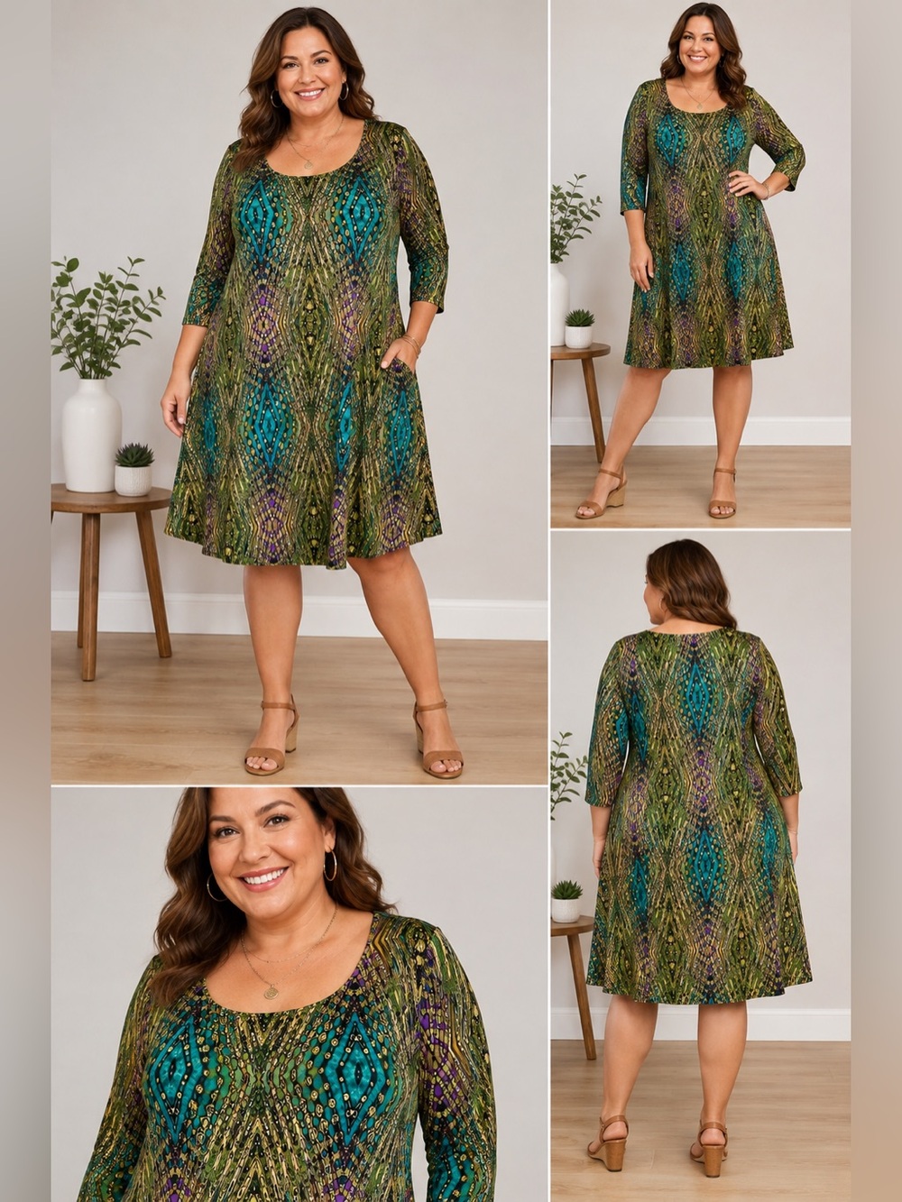 Glamour Green Teal Patterned Scoop-Neck Midi Dress